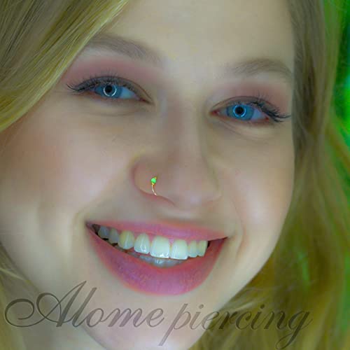 925 Sterling Silver & 14K Gold Filled Nose Ring Hoop Handmade Piercing Jewelry For Women - 24 Gauge 2mm,7mm Tiny Nose Ring with Opal - Gift Ready - color: Green Opal Gold