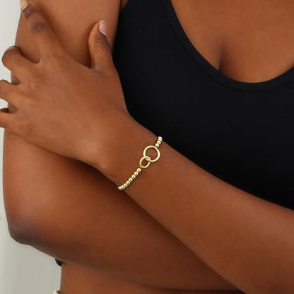 Beaded Bracelets for Women 14K Silver Gold Plated Stretch Handmade Ball Bracelets Cute Charm Bracelet Dainty Stackable Cross Heart Bow Wave CZ Circle Trendy Jewelry Easter Gifts - color: double-circle