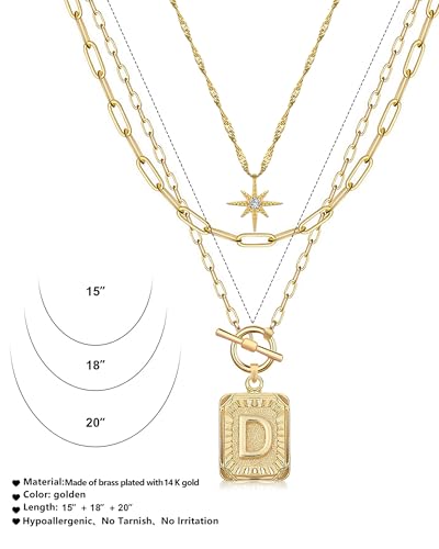 MJartoria Layered Initial Necklaces for Women | 14K Gold Plated Brass, Star Choker, Square Letter Pendant, Paperclip Chain - color: Gold, style: D