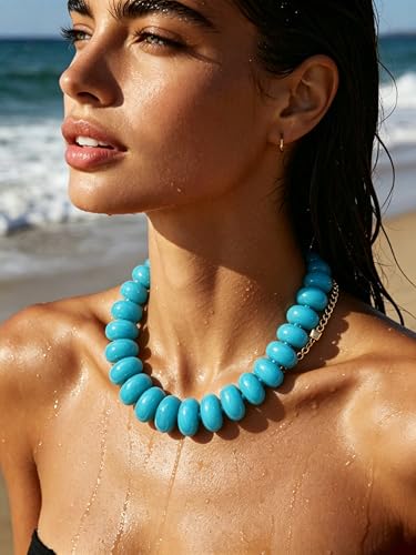 CSIYANJRY99 Chunky Beaded Necklace for Women, Large Colorful Resin Beads Statement Necklace, Boho Summer Beach Vacation Jewelry Gifts - color: Turquoise Blue
