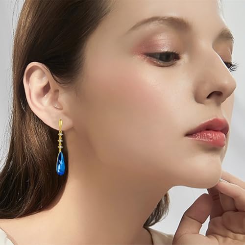 VONSSY Austrian Crystal Teardrop Drop Dangle Earrings Gold Plated Silver Post Zircon Gemstone Jewelry Gift for Woman Girlfriend Mom Wife - color: Sappire Blue