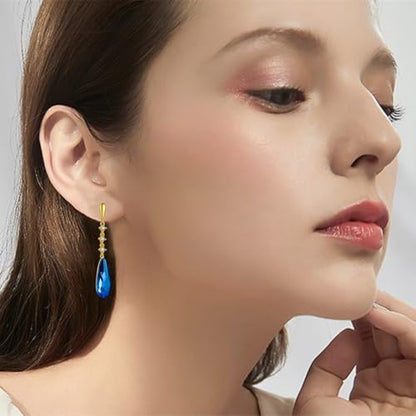 VONSSY Austrian Crystal Teardrop Drop Dangle Earrings Gold Plated Silver Post Zircon Gemstone Jewelry Gift for Woman Girlfriend Mom Wife - color: Sappire Blue