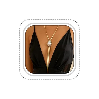 Long Baroque Pearl Gold Necklace for Women, Trendy Layered Geometric Lariat Statement Y Necklaces, Dainty Flat Snake Herringbone Link Body Chain Jewelry Accessories