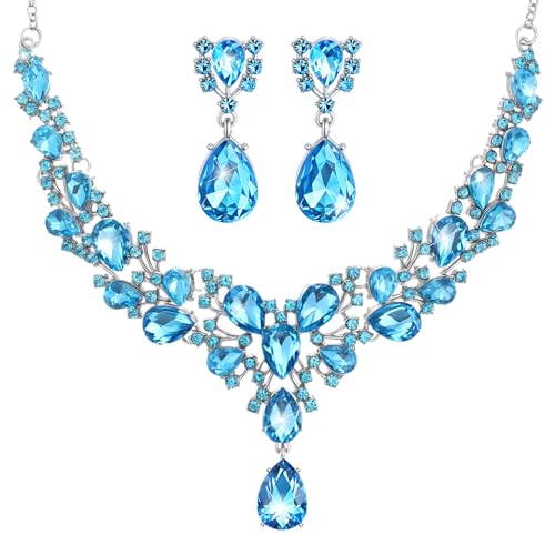 Hicarer Bridal Teardrop Cluster Crystal Jewelry Set for Women Necklace Earrings Wedding - color: Sky Blue