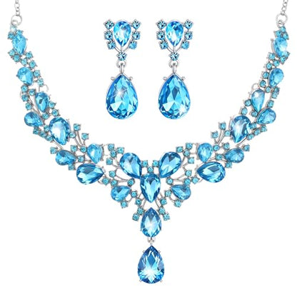 Hicarer Bridal Teardrop Cluster Crystal Jewelry Set for Women Necklace Earrings Wedding - color: Sky Blue
