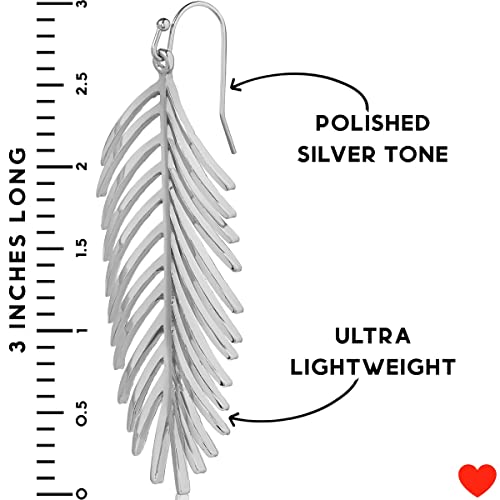 Palm Leaf Earrings for Women - Boho Tropical Dangle Earrings | Plated in Gold Tone or Silver Tone - color: 3" inch - Silver