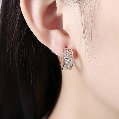 14K Rose Gold Plated Three Row Cubic Zirconia Small Huggie Hoop Earrings Fashion Jewelry for Men Women - color: 18K gold