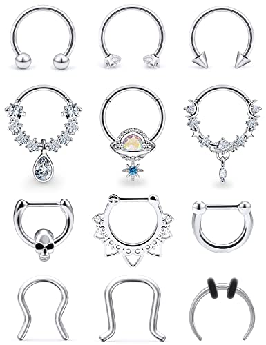 Vsnnsns 16G Septum Rings Piercing Jewelry 316L Stainless Surgical Steel Skull Flower Dangle Clicker Horseshoe Septum Nose Rings Hoop Piercing Jewelry for Women Men Silver Black Rose Gold 10mm - color: Silver Tone