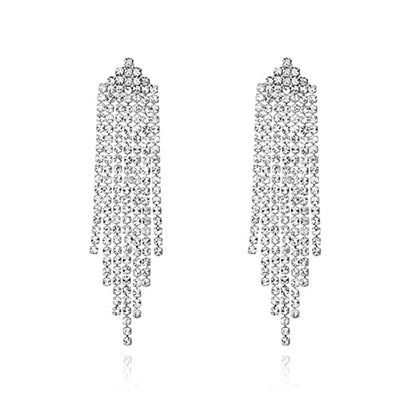 HERIER Rhinestone Earrings Dangling for Women Chandelier Statement Tassel Earrings Girls Silver Sparkly Drop Cubic Zirconia Crystal Earrings Long Dangle Costume Jewelry - color: Silver-Triangle Tassel