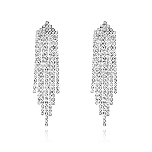 HERIER Rhinestone Earrings Dangling for Women Chandelier Statement Tassel Earrings Girls Silver Sparkly Drop Cubic Zirconia Crystal Earrings Long Dangle Costume Jewelry - color: Silver-Triangle Tassel