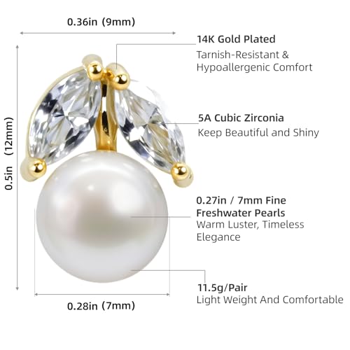 Petite Pearl Drop Earrings for Women - Real Freshwater Cultured Pearls Collection, S925 Sterling Silver Hypoallergenic Posts, 18K Gold Plated Dainty Jewelry - color: White and Golden