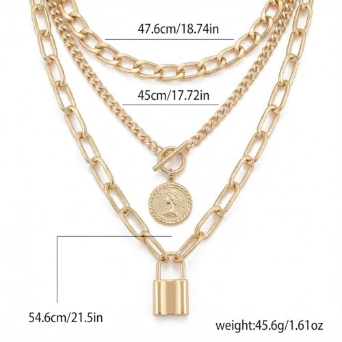 9-Piece Gold Tone Layered Chain Necklace Set for Women, Versatile Stackable Necklaces with Vertical Bar/Herringbone/Padlock Coin Charms, Trendy Boho Jewelry - style: TZJ-003360