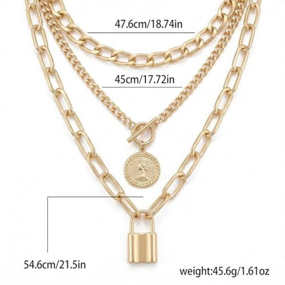 9-Piece Gold Tone Layered Chain Necklace Set for Women, Versatile Stackable Necklaces with Vertical Bar/Herringbone/Padlock Coin Charms, Trendy Boho Jewelry - style: TZJ-003360