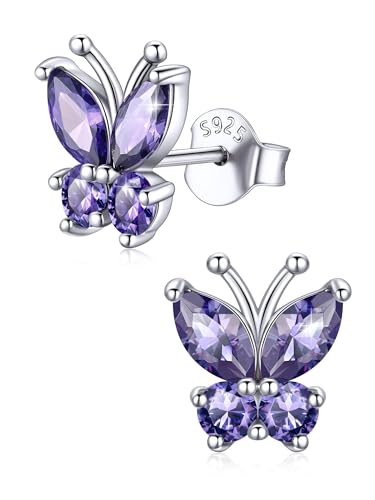 ChicSilver 925 Sterling Silver Bow/Butterfly Earrings for Women Hypoallergenic Birthstone Earrings Dainty Bow/Butterfly Jewelry Gift for Women - color: Butterfly-February-Amethyst