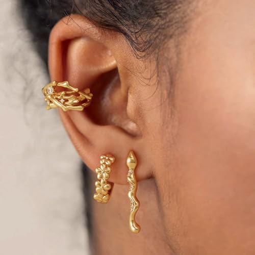 Women Ear Cuff Earring Gold Non Pierced Ear Cartilage Clip on Wrap Hoop 14K Gold Filled Tiny Boho Beach Simple Minimalist Delicate Handmade Hypoallergenic Jewelry Gift-Sold as Single/Pair - style: Vine