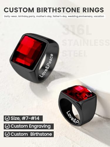 KeyStyle Square Gemstone Signet Rings for Men, Personalized Stainless Steel Pinky Ring with Black Onxy Blue Topaz Birthstone Statement Ring - color: Black - Custom Stone - 15mm