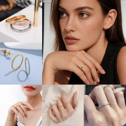 2mm 18Pcs No Tarnish Stainless Steel Thin Rings | PVD Gold Plated, Fadeless, Waterproof, High Polish, Hypoallergenic - color: 18K Gold Plated