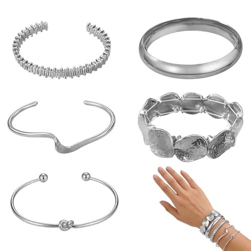 Gold/Silver Bracelets set for Women, Gold/Silver Plated Bangles Cuff Bracelets Stack, Open Adjustable Bangles Fashion Accessories Jewelry Set for Gifts Birthday Valentines Day - color: Silver, size: Style B