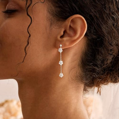 Earrings for Women - 14K Gold Plated Tassel Dangle Earrings | Leaf, Flower, Tassel Dangling Drop Earrings, Sparkling Wedding Bridal Prom Statement Jewelry Gift for Her - color: Silver Flower