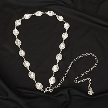 ILuvatar Green Glass Diamond Chain Belt - Metal Women's Western Style Dress Belt - color: White-8