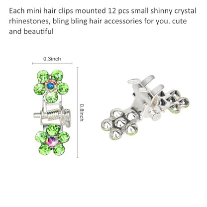 ANBALA 65PCS Mini Flower Hair Clips with Rhinestone Mini Glitter Teeth Rhinestone Flower Hair Accessories No-Slip Grip Metal Jaw Clamps for Girls Women (Silver-Green Crystal) - color: Green