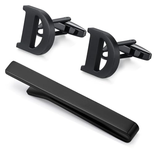 HONEY BEAR Black Initial Letter Round Cufflinks Tie Clip Set for Men | Wedding Business, Tarnish-Resistant, Steel-Plated Copper Base, Gift Box, for Groomsmen, Father, Husband, Anniversary, Formal - style: D Thicker with box