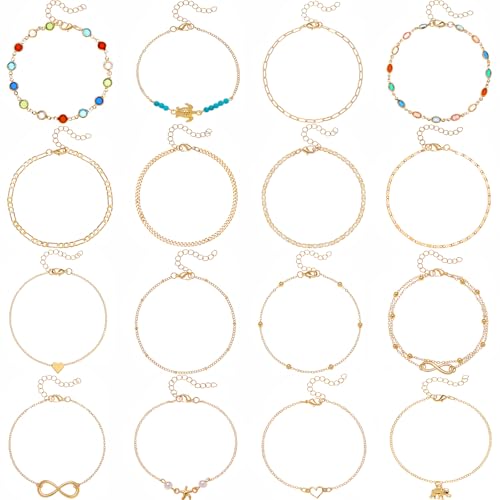 Starain 12Pcs Summer Beach Anklets for Women Waterproof Gold Silver Chain Ankle Bracelets Cute Women's Foot Anklet Set 7.9-10.5 inch Adjustable - color: 16Pcs Gold Ankle Bracelet