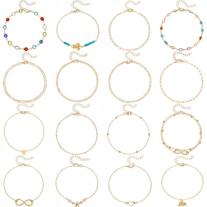Starain 12Pcs Summer Beach Anklets for Women Waterproof Gold Silver Chain Ankle Bracelets Cute Women's Foot Anklet Set 7.9-10.5 inch Adjustable - color: 16Pcs Gold Ankle Bracelet