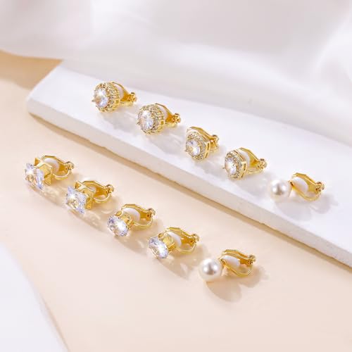 Cubic Zirconia Clip on Earrings - Women Hypoallergenic Comfortable Non Pierced Stud Earrings for Wedding and Dance Competitions, Clip-on Earrings Silver Gold - color: Gold