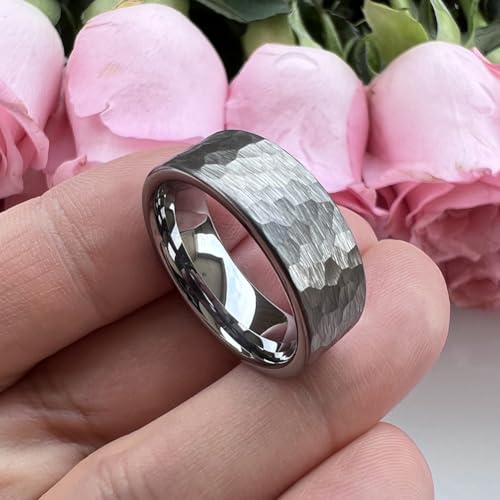 TUTISS 6mm 8mm Silver/Black/Gunmetal/Gold/Rose Gold Hammered Tungsten Rings for Men Women Couple Fashion Jewelry Engagement Wedding Bands Matte Finish Comfort Fit - color: 8mm Silver Tungsten