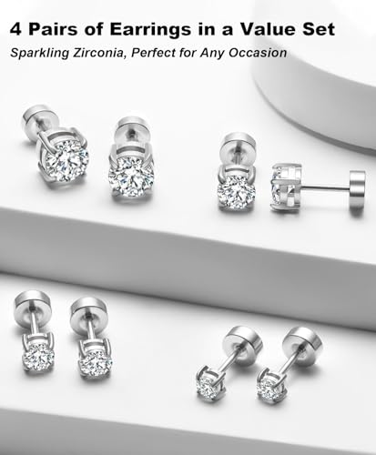 Stainless Steel Stud and Hoop Earrings Sets for Ear Stacks | Choose gold or silver pearl studs, CZ studs, flat backs, butterfly backs, hoops and multi-pair ear stack sets. - color: 4 Pairs Silver-Flat Back