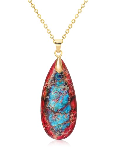 Stone Necklaces for Women Teardrop Gemstone Pendant Necklace Natural Stone Chain Necklaces - color: Red Blue