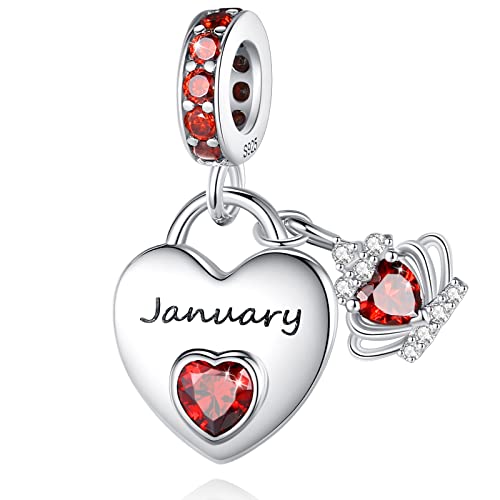 Birthstone Charms for Charms Bracelet: 925 Sterling Silver Heart Dangle Charms for Bracelets and Necklaces, Birthday Mother's Day Christmas Gifts For Women. - color: January