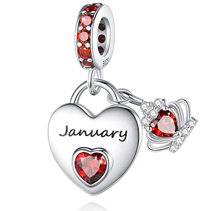 Birthstone Charms for Charms Bracelet: 925 Sterling Silver Heart Dangle Charms for Bracelets and Necklaces, Birthday Mother's Day Christmas Gifts For Women. - color: January