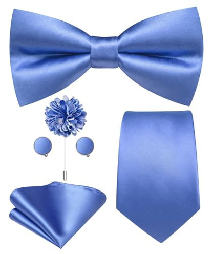 Hi-Tie 5Pcs Mens Solid Color Silk Tie Satin Pretied Bowtie Lapel Pin for Men Handkerchief Cufflink Wedding Gift Box - color: Bright Blue