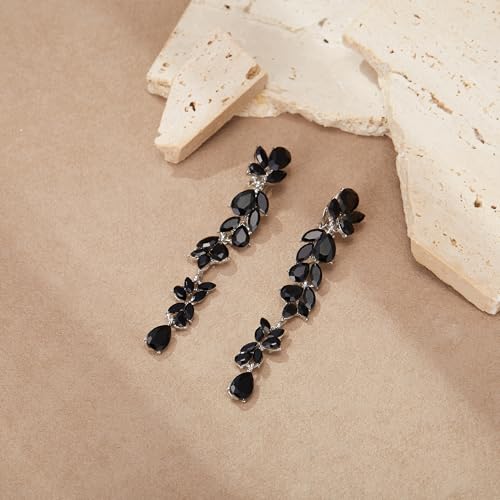 Crysdue Clip On Earrings for Women Rhinestone Crystal Teardrop Cluster Wedding Bridal Non Pierced Long Dangle Earring for Prom Party - color: Black Silver-Tone