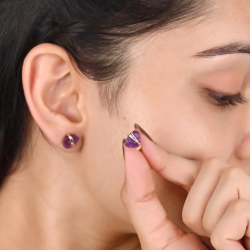 Gempires Wire Wrapped Raw Gemstone Stud Earrings for Women, Birthstone | Handmade wire-wrapped raw gemstone stud earrings — choose from stones and birthstones, artisan raw crystals on gold. - style: Amethyst