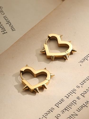 Huggie Hoop Spike Heart Earrings, Gothic Punk Grunge Emo Y2k Earrings, Goth Jewelry, Christmas Jewelry Gift For Women - color: gold