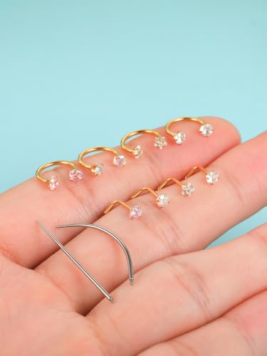 Aumeo Horseshoe 18G Nose Rings 8mm for Women, Surgical Steel 20G L Shaped Nose Rings Studs 7mm, Internally Threaded Tragus Cartilage Helix Earrings, Silver/Gold - style: Gold, 4pcs horseshoe nose rings