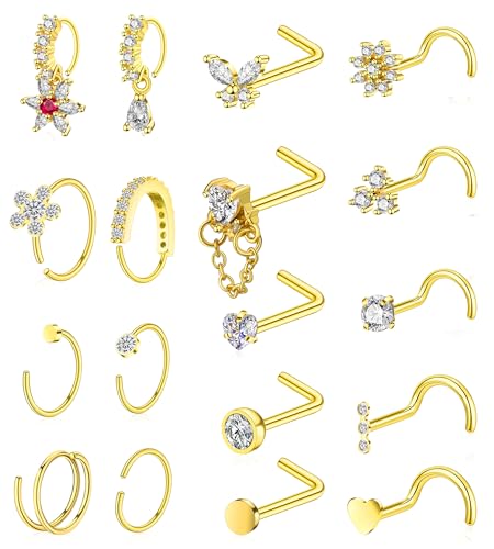 BSJ4U Gold Plated Silver Nose Rings for Women Men Stainless Steel Hypoallergenic Nose Piercing Jewelry 20G L Shaped Corkscrew Nose Rings Hoops Heart Butterfly Flower CZ Nose Studs - color: Gold Plated Nose Ring