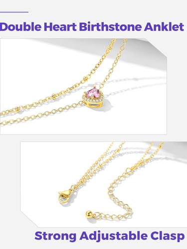 Richsteel Double Layer Heart/Butterfly Birthstone Anklet for Women | Non Tarnish Waterproof, Silver/Gold/Black Stainless Steel 8.5-10.5 Inch Adjustable Chain Anklets Summer Beach Foot Jewelry - color: Gold Heart-10 Oct.(Pink Tourmaline)