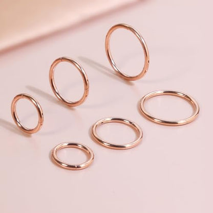 Unisex Dainty Tiny 18k Real Gold Plating Cartilage Huggie Hoop Earrings, 16G Surgical Steel Small Endless Hinged Hoops Earring for Earlobe Cartilage Helix Rook Daith Conch Nose Lip Body Piercing Jewelry - color: Rose Gold 6/8/10mm
