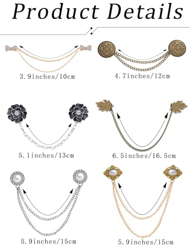 Vintage Sweater Shawl Chain Clips Antique Cardigan Collar Shirt Dress Brooch Clips with Chain Rose Bowknot Flower Leaf Pearl Cloak Lapel Pin Accessories For Women Men 6Pcs
