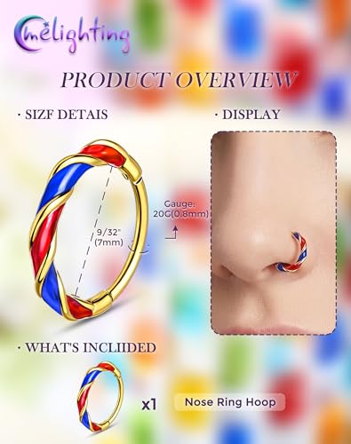 Melighting 20G Twist Nose Ring Hoop Stainless Steel 316L Piercing Jewelry | 7/8 mm Nose Piercing Jewelry, Cute Hinged Segment Clicker Lobe Helix Daith Cartilage Earring for Women - color: Gold RDBL, size: 20g7mm
