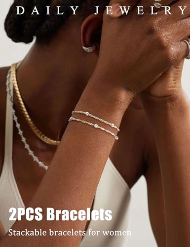 KOHOTA Silver Gold Bracelets for Women Trendy 14K Gold Plated Bracelet for Women Non Tarnish Dainty Stackable Layered Chain Heart Pearl Knot Beaded Bracelets Stack Set Charm Mothers Day Jewelry Gifts - color: D.Satellite beads-silver