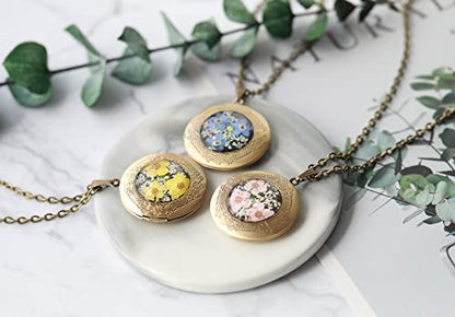 Handmade Oval Shaped Photo Locket with dried Pressed Flowers Locket pendant Necklace - style: Round Yellow Forget Me Not