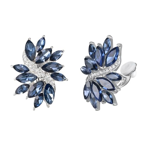 Flyonce Rhinestone Clip On Stud Earrings for Women, Glitter Marquise Crystal Wedding Party Vintage Statement Non Pierced Earring for Brides Bridal Cocktail Prom Jewelry Silver-Tone - color: Navy Blue