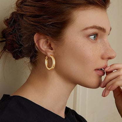 sovesi Chunky Hoop Earrings for Women, 14K Gold Plated Thick Hoops | 5mm Thick Hollow Tube Chunky Lightweight Hypoallergenic Hoop Earrings for Women - style: Gold and Silver 30MM