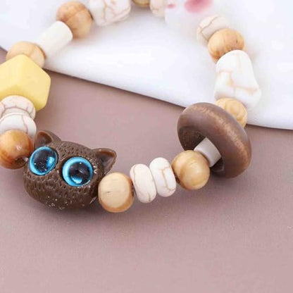 Boho Cartoon Cat Bracelet Wooden Beaded Strand Stretch Bracelets Brown Acrylic Cat Chain Bracelet Jewelry for Women