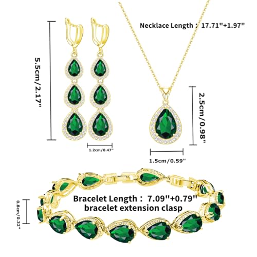 LMXXVJ Necklace Long Earrings Bracelet Set, White Gold Plated Created Blue Sapphire Jewelry Set Wedding Party Gift Jewelry for Women Bridal Bridesmaid - color: Gold-Green